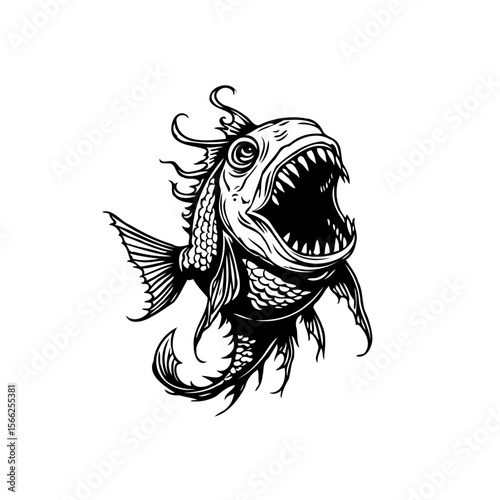 Detailed monochrome illustration showcases an aggressive fish with sharp teeth open mouth emphasizing animalistic and predatory nature in black white design