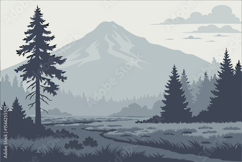 Foggy mountain landscape with pine trees and meadow