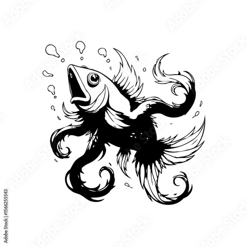 Stylized depiction of a fish with a surreal twist in black and white drawing showcases creativity