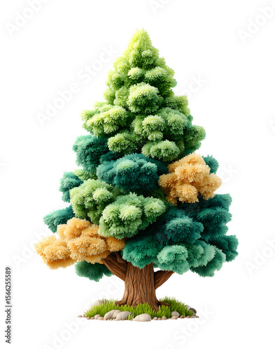 Cute tree cartoon in minimalist style with vibrant green and yellow foliage, showcasing whimsical and cheerful appearance