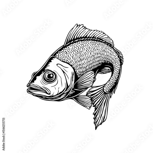 Detailed black and white illustration of a carp fish swimming gracefully showcasing its scales and fins elegance in aquatic art