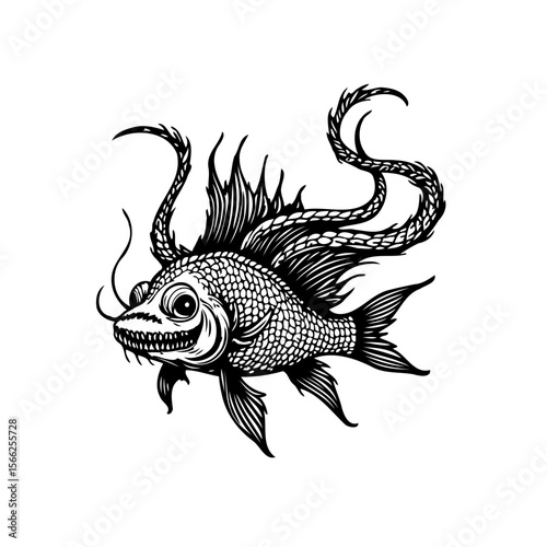 Detailed engraving illustration showcasing a mystical sea creature with tentacles and unique features in black and white style