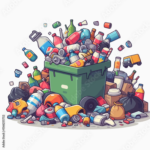 Cartoonish depiction of an overflowing dumpster filled with a variety of discarded items, suggesting a waste management or environmental theme.