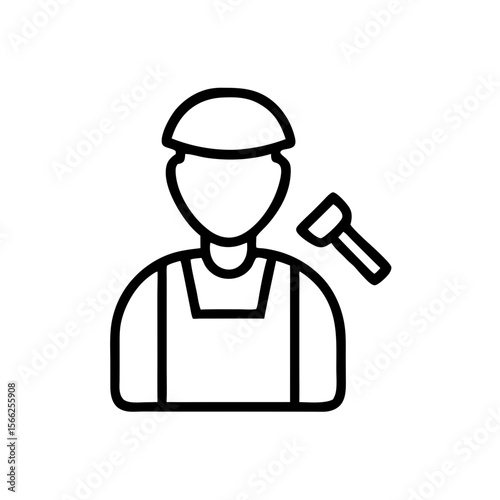 Carpenter wearing apron holding a hammer in minimal line art style  