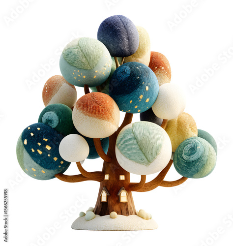 Whimsical tree with colorful, textured spheres representing leaves, featuring cozy house at its base, evokes sense of charm and creativity