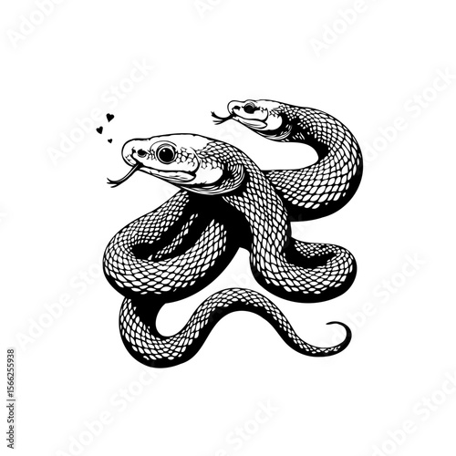 Two intertwined snakes illustration showcasing intricate scales and serpentine elegance in monochrome vector art featuring a captivating display