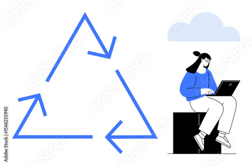 Woman seated with laptop near triangular recycling arrows under small cloud. Ideal for sustainability, technology, remote work, education, creativity, eco-friendliness, and digital lifestyle. Simple