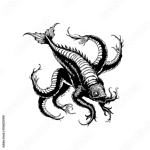 Monochromatic hybrid aquatic creature with tentacles and fish-like features, showcasing intricate detailing in black and white