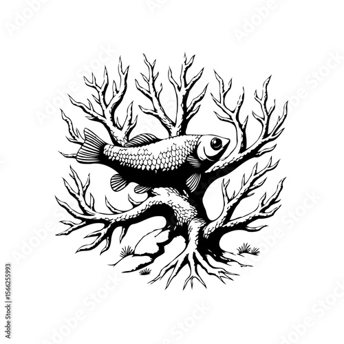 An artistic rendering of a fish perched within the branches of a bare tree symbolizing nature's oddities