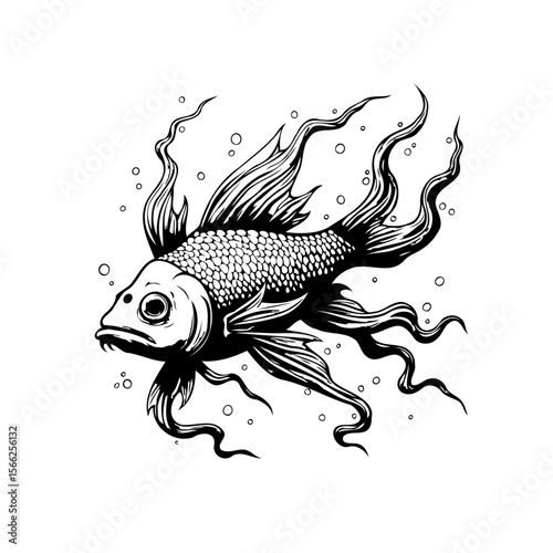Detailed monochrome illustration of a fancy goldfish with flowing fins swimming gracefully in water creating a captivating visual