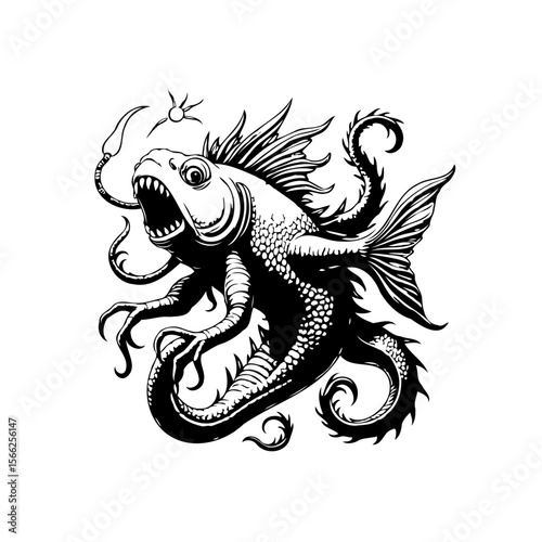 Wallpaper Mural Monstrous creature illustration presenting a sea monster or mythical leviathan with sharp teeth drawn in black and white Torontodigital.ca