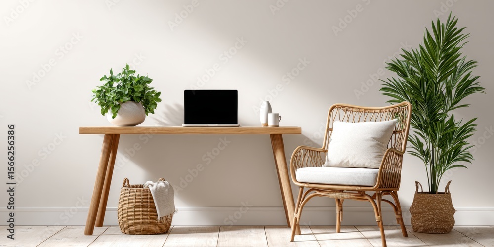 Fototapeta premium Serene Boho Workspace with Rattan Chair and Wooden Table, Minimalist Blank Wall with Soft Glow and Copy Space on Left Side