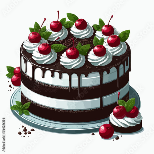 Three-tiered chocolate cake with white frosting and dark chocolate drizzles, adorned with fresh cherries and sprigs of mint. A slice is also shown.
