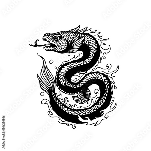 Mystical sea serpent illustration with intricate details of scales horns and swirling waters evoking fantasy and mythical creatures