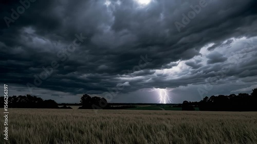 Dramatic thunderstorm illuminates dark skies over vast field just before dusk