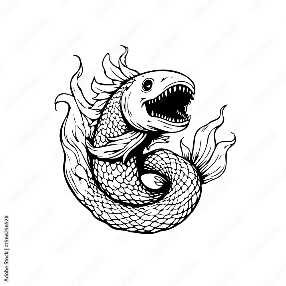 Obraz premium Unique artistic design of a stylized fish illustration featuring intricate details and flowing flames effect on white
