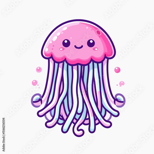 Digitally rendered, cartoonish jellyfish design, featuring pastel colors and a smiling expression.  The jellyfish is depicted with a stylized body and tentacles.