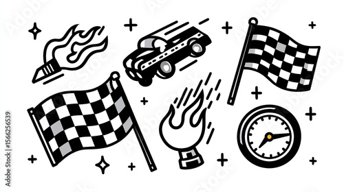Racing Style Icon Set with Checkered Flags, Speed Flames, Dashboard Arrow, and Speedometer on White Background