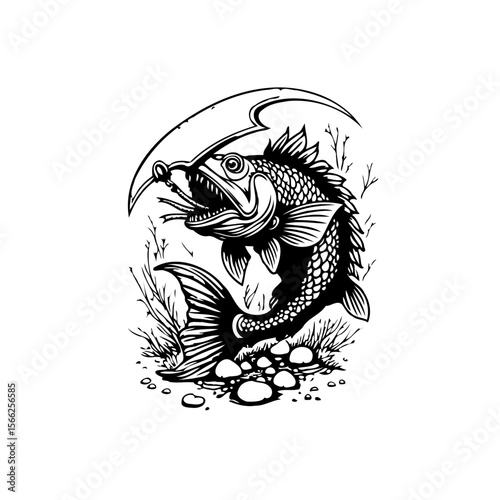 Vintage styled illustration featuring an aggressive fish catching a bait perfect for fishing themed designs