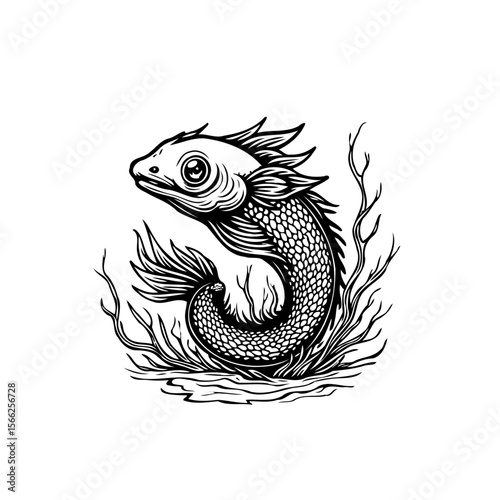 Stylized aquatic creature with intricate scales and fins embodying mythological sea serpent illustration artistic