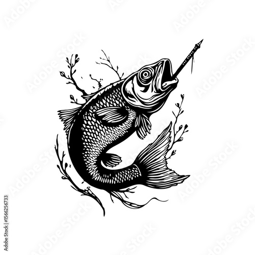 Speared fishing in the wilderness design artistic monochrome art vector illustration wild aquatic fish creature