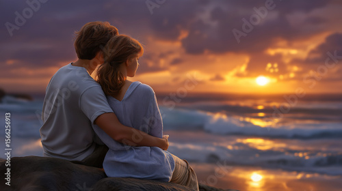 Romantic couple enjoying sunrise together by the sea