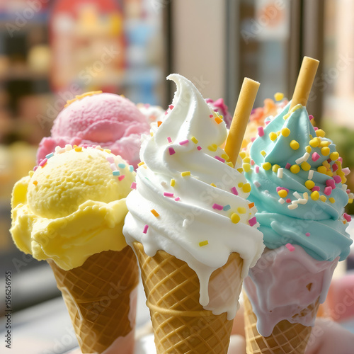 Assorted colorful soft serve ice cream cones