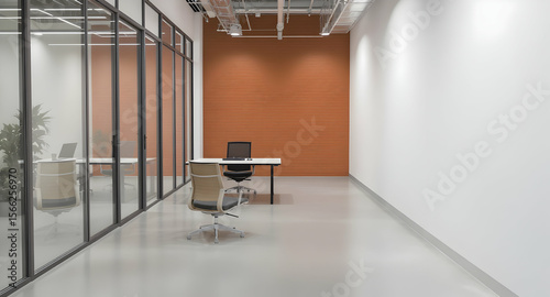 Contemporary office corridor with glass partitions