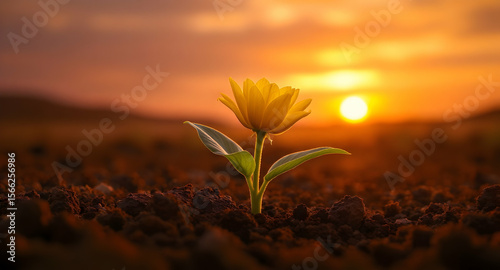 Blooming flower in soil with orange sunset