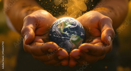 Hands gently cradling Earth with golden light