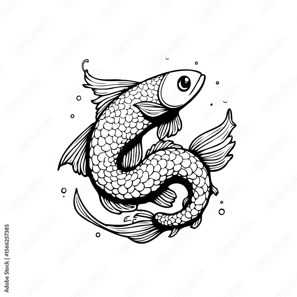 Fototapeta premium Elegant monochrome illustration showcasing a fish gracefully swimming with intricate scale pattern and flowing fins
