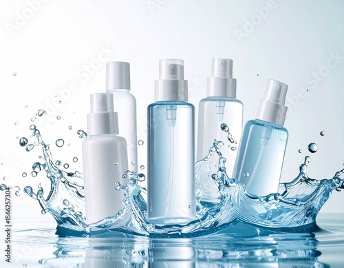 Five cosmetic bottles with spray caps are surrounded by splashing water against a white background.