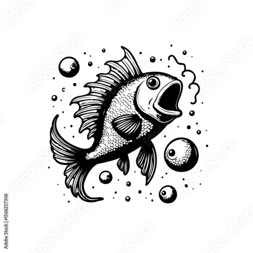 Illustration of a surprised fish with bubbles creating a cool vector style marine life artwork illustration