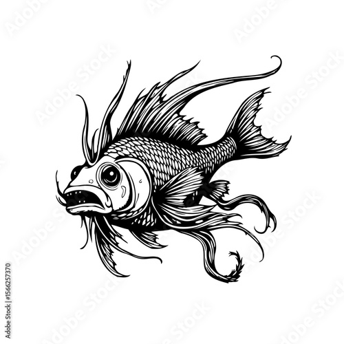 Intricate line art illustration of an exotic fish with flowing fins and whiskers design