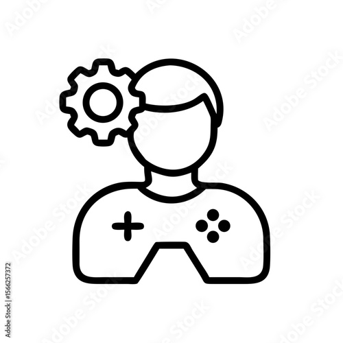 Line art illustration of a game developer with a gear symbol  