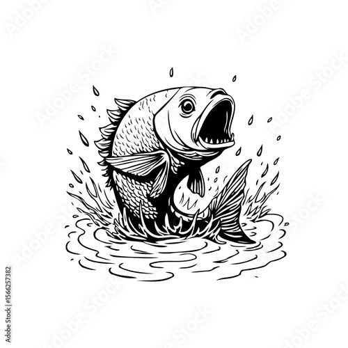 Detailed monochrome illustration capturing a fish leaping from the water embodying vitality and nature's energetic display of life