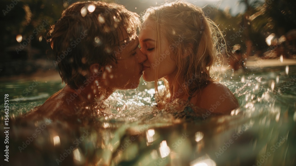 Obraz premium Young Couple Kissing in a Pool, Sunlit Water, Summer Romance