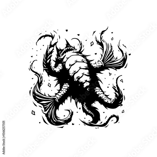 Monstrous aquatic creature illustration in black and white capturing a formidable presence within nautical fantasy elements