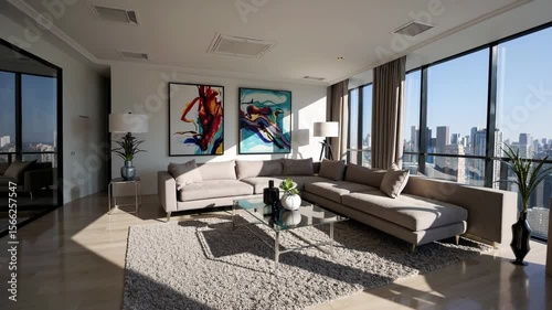 Modern living room with stunning city view in bright, spacious apartment