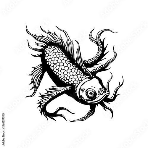 Intricate line art illustration showcasing a stylized fish with elaborate fins and scales in monochrome tones