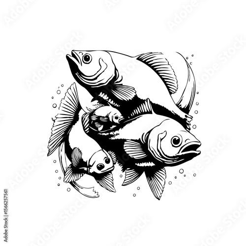 Detailed monochrome drawing of fish, showcasing the beauty and intricacy of aquatic life forms composition