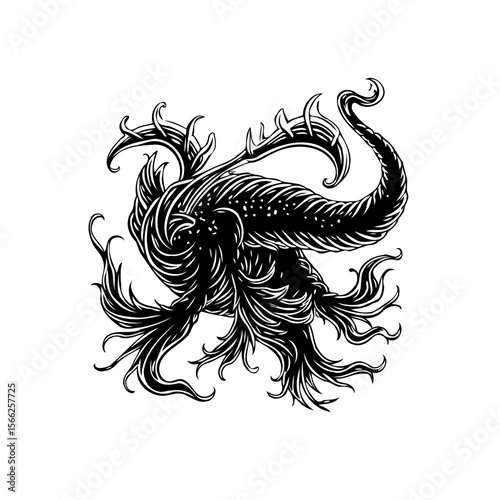 Intricate linework depiction of mythical creature evoking fantasy realms and imagination offering creative inspiration and storytelling