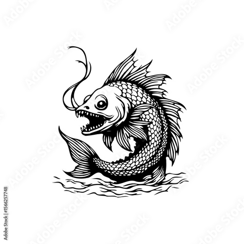 A stylized black and white illustration showcases a fierce fish jumping out from ocean waves with aggression