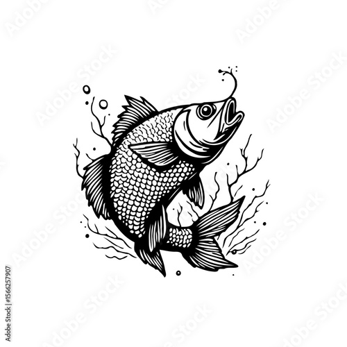 Detailed line art of a fish caught on a hook surrounded by aquatic plants black and white