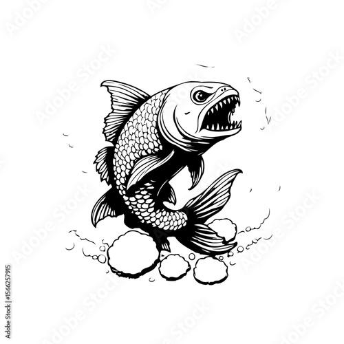 Aggressive predatory fish with sharp teeth illustration in black and white artistic drawing style design
