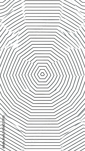 Abstract concentric hexagon pattern with lines creating a visual illusion of rotation on a white background