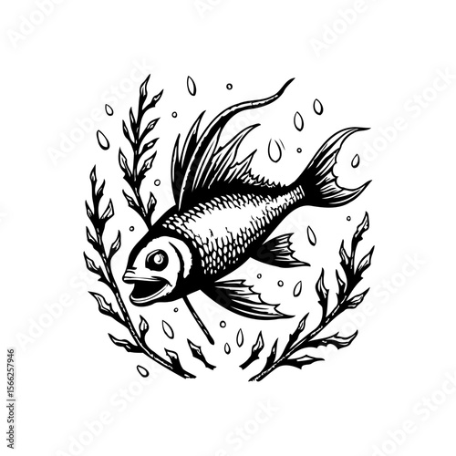 Vintage engraved illustration depicting a swimming fish among aquatic plants and water bubbles in black and white