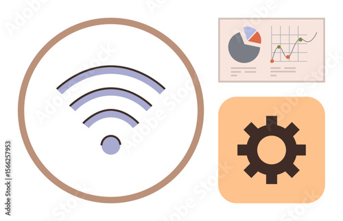 wireless signal icon centered, bar chart with data insights, and gear wheel for settings. Ideal for connectivity, network management, technology, data analysis, automation innovation. Simple flat