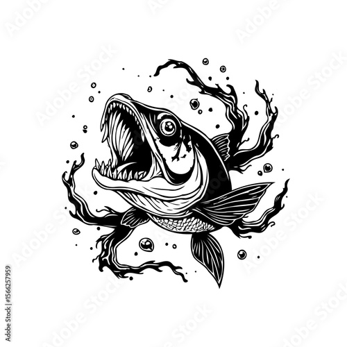 Detailed drawing of a predatory fish with its jaws open swimming amidst stylized aquatic elements, artistic vector depiction
