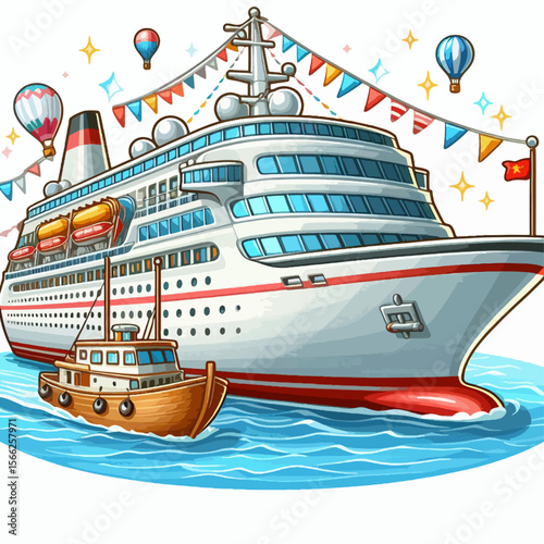 Cartoon illustration of a large cruise ship with festive decorations and a smaller boat, set against a backdrop of water.